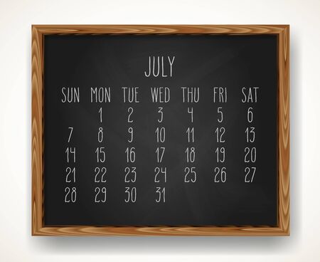 Hand written chalk vector calendar for July 2019 over black chalkboard background in a wooden frame.のイラスト素材
