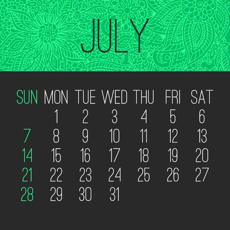 July year 2019 vector monthly calendar over doodle ornate hand drawn florals, week starting from Sunday. Bright green and black design.のイラスト素材