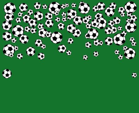 Soccer, football scattered balls blank frame. Background vector illustration over green grass field. Sport game equipment wallpaper. Horizontal format.のイラスト素材