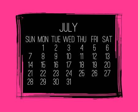 July year 2019 vector monthly modern calendar. Week starting from Sunday. Contemporary hand drawn brush stroke frame design in hot pink and black.のイラスト素材