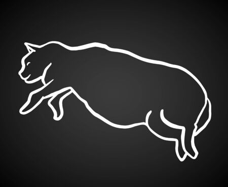 Funny hand drawn fat cat lying. Animal vector outline sketch illustration with a pet kitty. White contour isolated over black.のイラスト素材