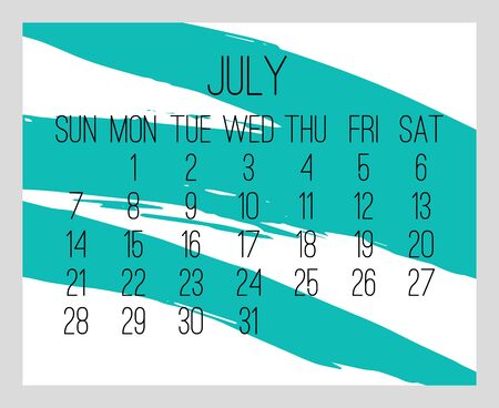 July year 2019 vector monthly modern calendar. Week starting from Sunday. Contemporary hand drawn brush stroke frame design in teal blue and white.のイラスト素材
