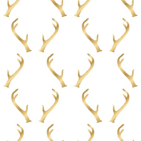 Seamless pattern with deer antlers. Vector hipster trendy background. Nature wildlife animal backdrop in golden over white.のイラスト素材