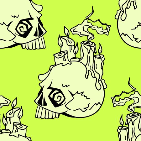 Vector Halloween skulls and candles seamless pattern. Design background for party poster. Hand drawn cartoon illustration isolated over acid green.のイラスト素材