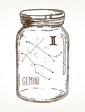 Gemini hand drawn Zodiac sign constellation in a mason jar. Vector graphics astrology illustration. Western horoscope mystic symbol isolated over white.のイラスト素材