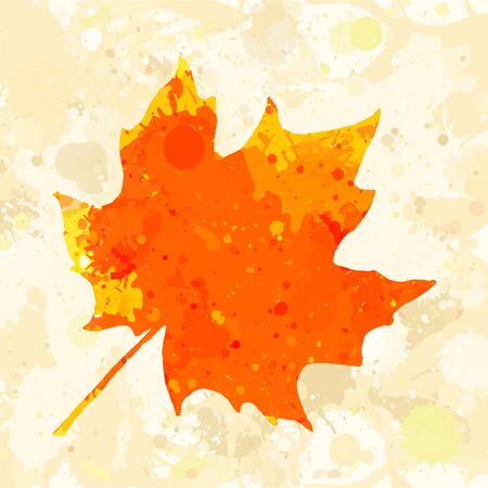 Bright orange watercolor autumn maple leaf over beige splatter background.のイラスト素材