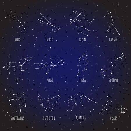 Hand drawn Zodiac sign constellations. Vector graphics astrology illustration. Western horoscope mystic symbols set over dark blue starry night sky.のイラスト素材