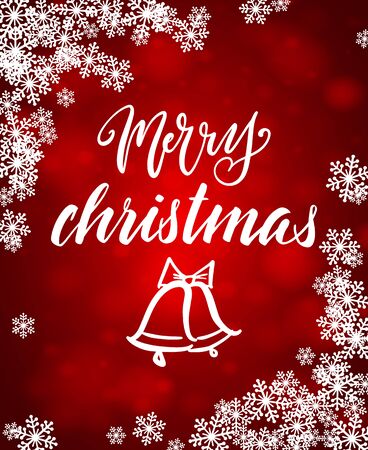 Handwritten Christmas greetings, modern festive calligraphy lettering for postcards in snowflakes frame. Holiday season red and white design, vector illustration.のイラスト素材
