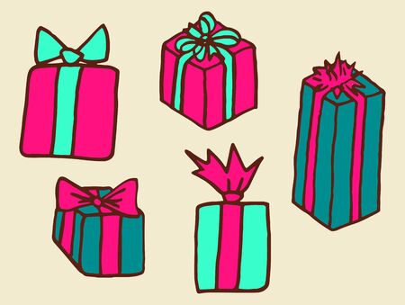 Presents, hand drawn Christmas doodle design elements set. Winter holidays or birthday greeting card items isolated. Vector illustration.のイラスト素材