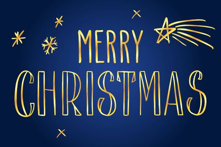 Handwritten Christmas greetings, modern festive calligraphy lettering. Golden isolated over dark blue. Holiday season design, vector illustration.のイラスト素材