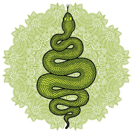 Coiled snake over floral mandala detailed illustration. Green tribal serpent isolated over white background. Vector tattoo design.のイラスト素材