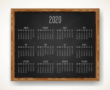 Hand written chalk vector calendar for the year 2020 over black chalkboard frame background. Week starting from Sunday.のイラスト素材