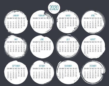Year 2020 contemporary vector monthly calendar. Hand drawn white circle brush stroke design over dark grey background. Week starting from Sunday.のイラスト素材