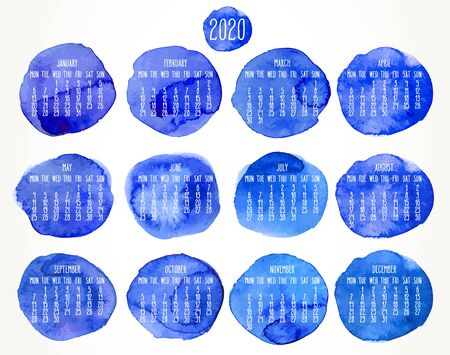 Year 2020 vector monthly artsy calendar. Hand drawn dark blue watercolor paint circles design over white background. Week starting from Monday.のイラスト素材