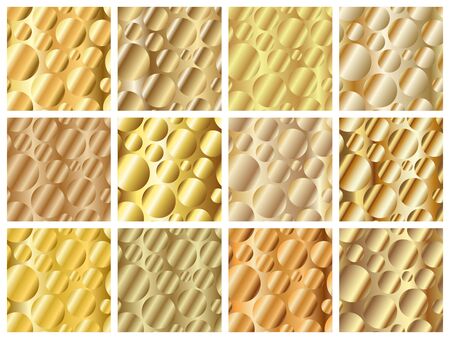Golden diagonal gradient circles seamless patterns set. Abstract modern vector background. Shiny metal endless wallpaper.のイラスト素材