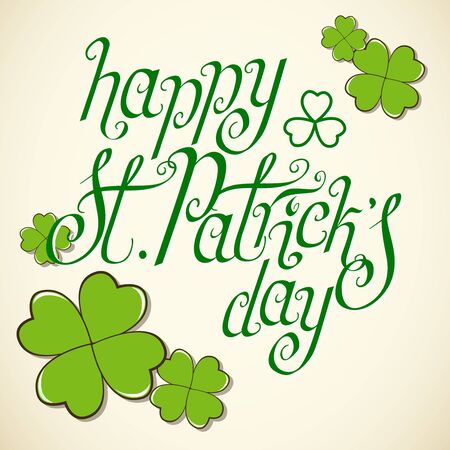 Hand drawn St. Patrick's day greeting card. Irish holiday festival traditional vector illustration. Green clover shamrock leaves, beige background.のイラスト素材