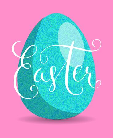 Happy Easter greeting card. Blue floral pattern egg symbol and hand drawn lettering vector spring illustration over pink background.のイラスト素材