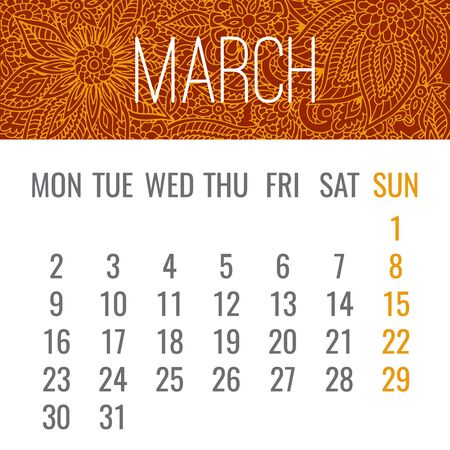 March year 2020 vector monthly calendar with lacy doodle ornate hand drawn orange design. Week starting from Monday.のイラスト素材