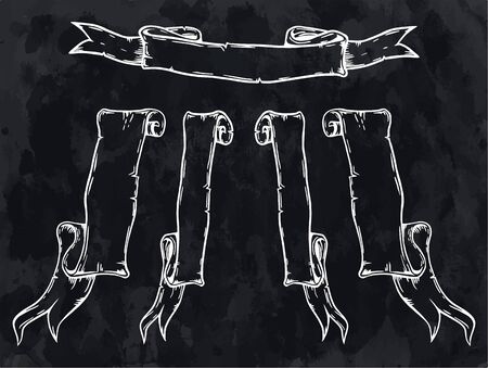 Vintage hand drawn ribbon banners vector collection. Set of folded ribbons in white over textured black background.のイラスト素材