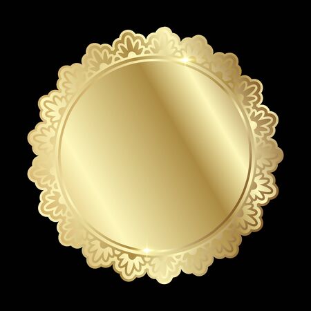 Golden shiny glowing ornate round frame isolated over black. Gold metal luxury elegant blank border. Vector background illustration template.のイラスト素材