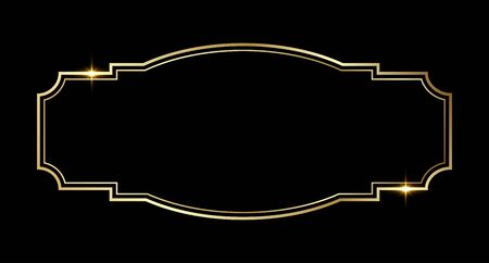 Golden shiny glowing vintage elegant frame isolated over black background. Gold metal luxury blank border. Vector background illustration template.のイラスト素材