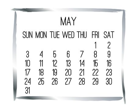 May year 2020 vector monthly modern calendar. Contemporary silver brush stroke frame design over white background. Week starting from Sunday.のイラスト素材