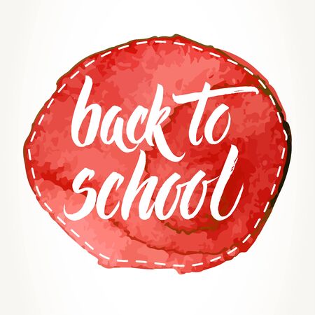 Back to school words hand written by brush, white over dashed red watercolor circle.のイラスト素材