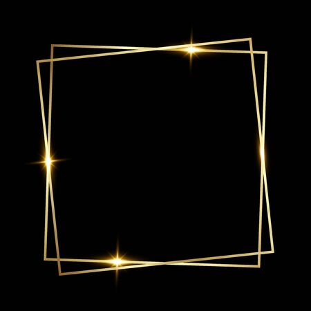 Golden shiny glowing square frame isolated over black background. Gold metal luxury blank border. Vector background illustration template.のイラスト素材