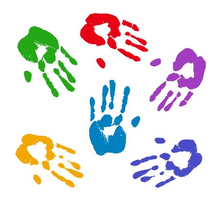 Colorful rints of human hands. Palm imprints set isolated over white. Vector grunge illustration.のイラスト素材