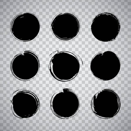 Collection of round black grunge brush strokes over transparent background. Set of design elements. Vector illustration.のイラスト素材