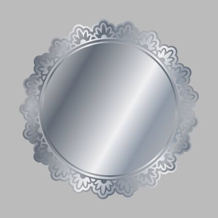 Silver shiny glowing ornate round frame isolated over light gray background. Metal luxury elegant blank border. Vector  illustration template.のイラスト素材