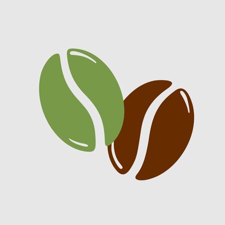 Twocoffee beans, green and roasted brown, caffeine symbol. Hand drawn graphic vector illustration isolated on white background.のイラスト素材