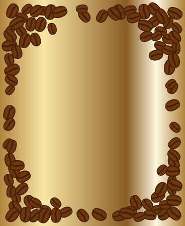 Scattered roasted coffee beans blank golden frame. Graphic menu template gold vector illustration.のイラスト素材