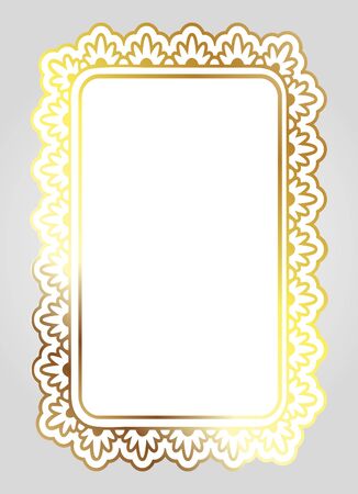 Golden shiny glowing ornate rectangle frame isolated over white. Gold metal luxury elegant blank border. Vector background illustration template.のイラスト素材