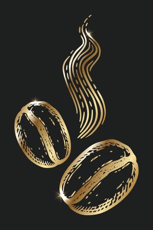 Pair of golden roasted aromatic coffee beans, caffeine symbol. Hand drawn graphic vector illustration isolated over black background.のイラスト素材