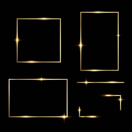 Golden shiny glowing frames set isolated over black background. Gold metal luxury blank rectangle borders. Vector background illustration template.のイラスト素材