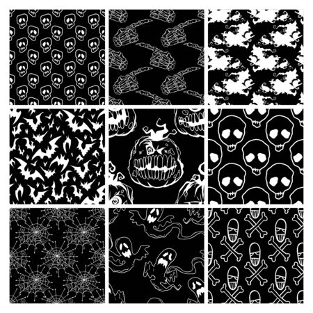Halloween seamless patterns set with traditional items. Hand drawn vector holidays background in black and white. Bats, pumpkins, skulls and bones, witch and ghosts.のイラスト素材