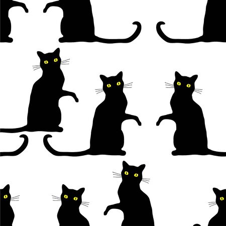 Traditional Halloween seamless pattern with scary black cats isolated over white background.のイラスト素材