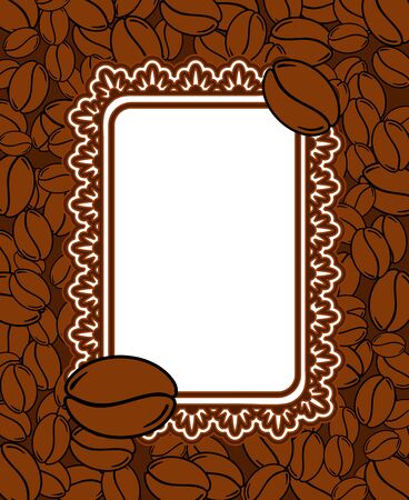 Scattered roasted coffee beans blank vintage frame. Graphic menu vertical template vector illustration.のイラスト素材
