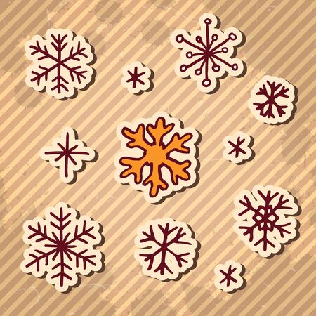 Snowflakes, hand drawn Christmas doodle design elements set. Winter holidays greeting card items over textured striped vintage brown background. Vector illustration.のイラスト素材