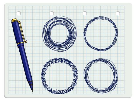 Vector freeform round strokes doodle blank frames set and a blue ballpoint pen. Hand drawn border illustration over chequered notebook page.のイラスト素材