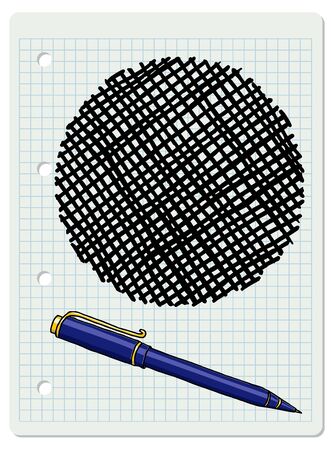 Vector freeform strokes doodle blank frame and a blue ballpoint pen. Hand drawn border illustration over chequered notebook page.のイラスト素材