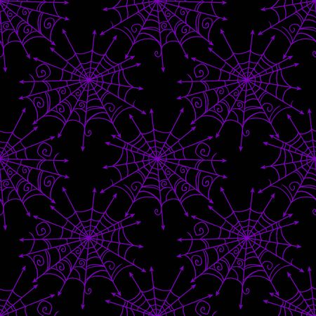 Spiderweb vector Halloween seamless pattern. Design background for party poster. Hand drawn cartoon illustration in purple over black.のイラスト素材