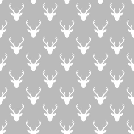 Seamless pattern with deer heads silhouettes. Vector background in white over light gray. Nature wildlife animal backdrop.のイラスト素材