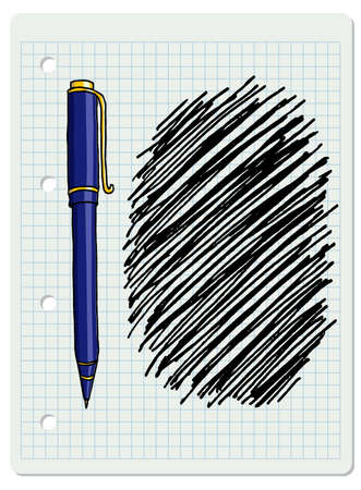 Vector freeform strokes doodle blank frame and a blue ballpoint pen. Hand drawn border illustration over checkered notebook page.のイラスト素材