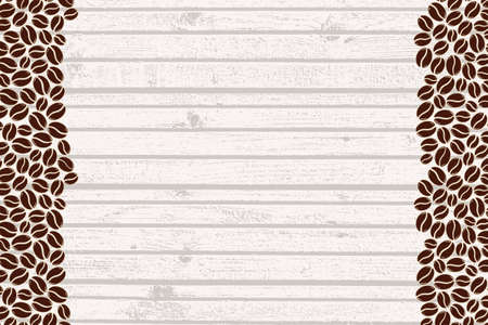 Roasted coffee beans over light wood blank frame. Graphic menu wooden rustic template vector illustration.のイラスト素材