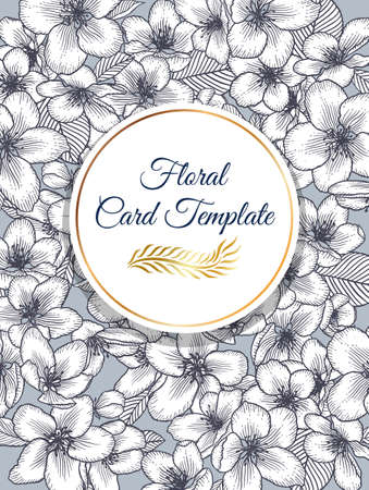 Vector botanical floral wedding invitation elegant card monochrome template. Apple flowers and round golden frame. Romantic design for greeting card, natural cosmetics, women products.のイラスト素材