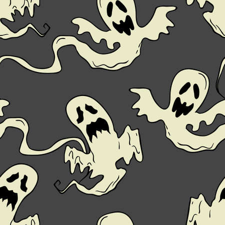 Ghosts vector Halloween seamless pattern. Design background for party poster. Hand drawn cartoon illustration. Objects isolated over gray.のイラスト素材