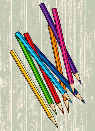 Scattered colored pencils hand drawn vector doodle illustration. Crayons collection over wooden background.のイラスト素材