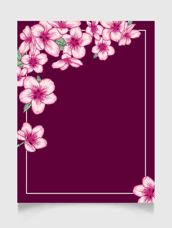 Vector botanical floral wedding invitation. Dark purple elegant card template with pink apple flowers. Romantic design for greeting card, annivesary.のイラスト素材